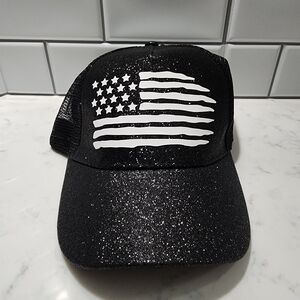 American Flag Black Glitter Ponytail Hat NEW